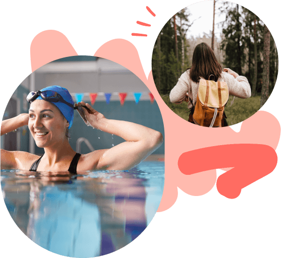 To bilder. En dame som svømmer og en dame på tur.